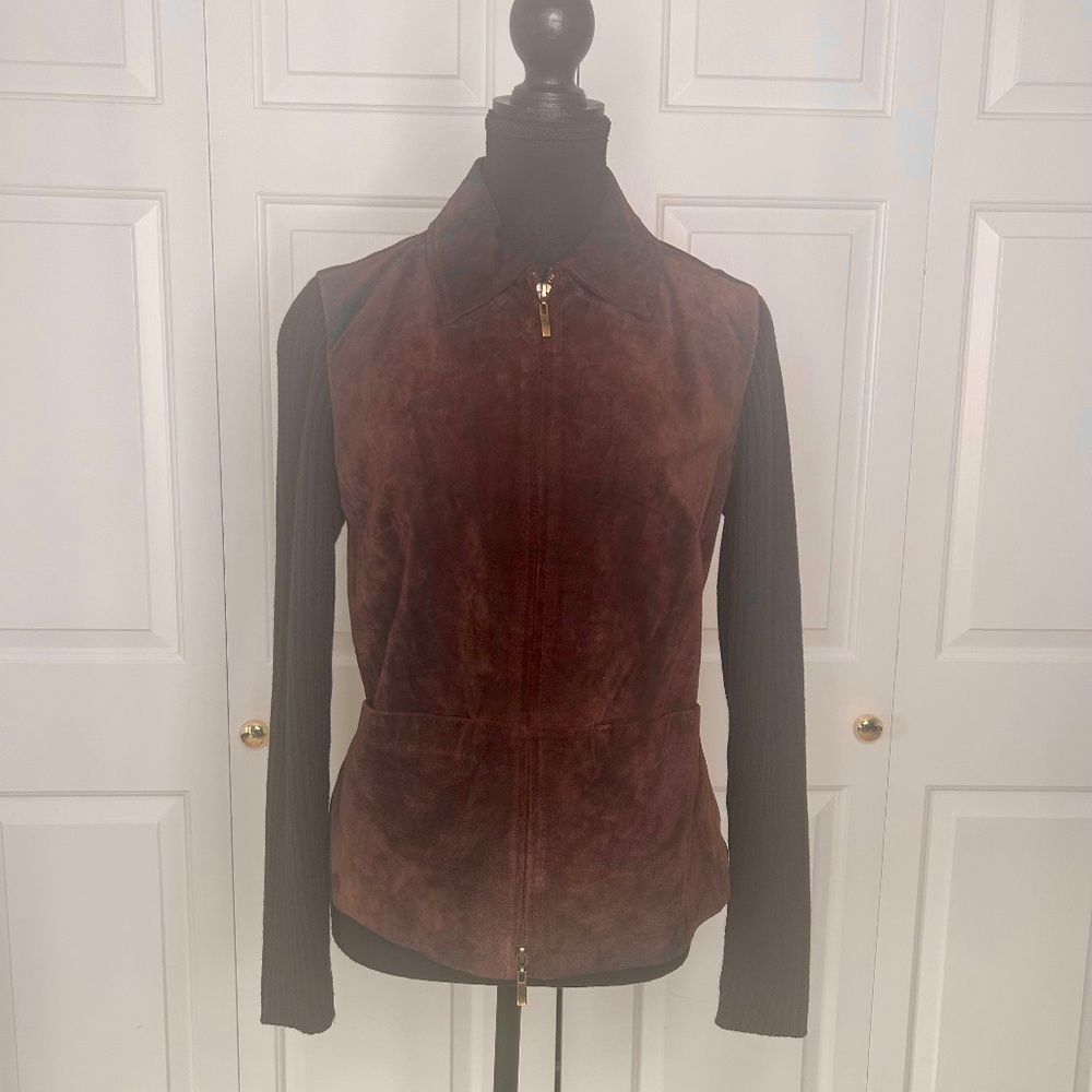 Melanie Lyne Brown Suede Leather and Knit Fabric Arms Jacket Size S